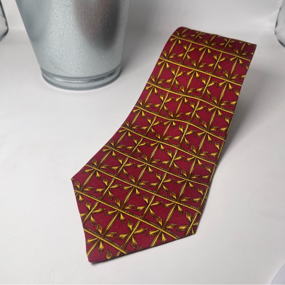 Celine Paris Men’s Silk Neck Tie Burgundy Red/Gold Geometric Designs Luxury - Picture 2 of 6